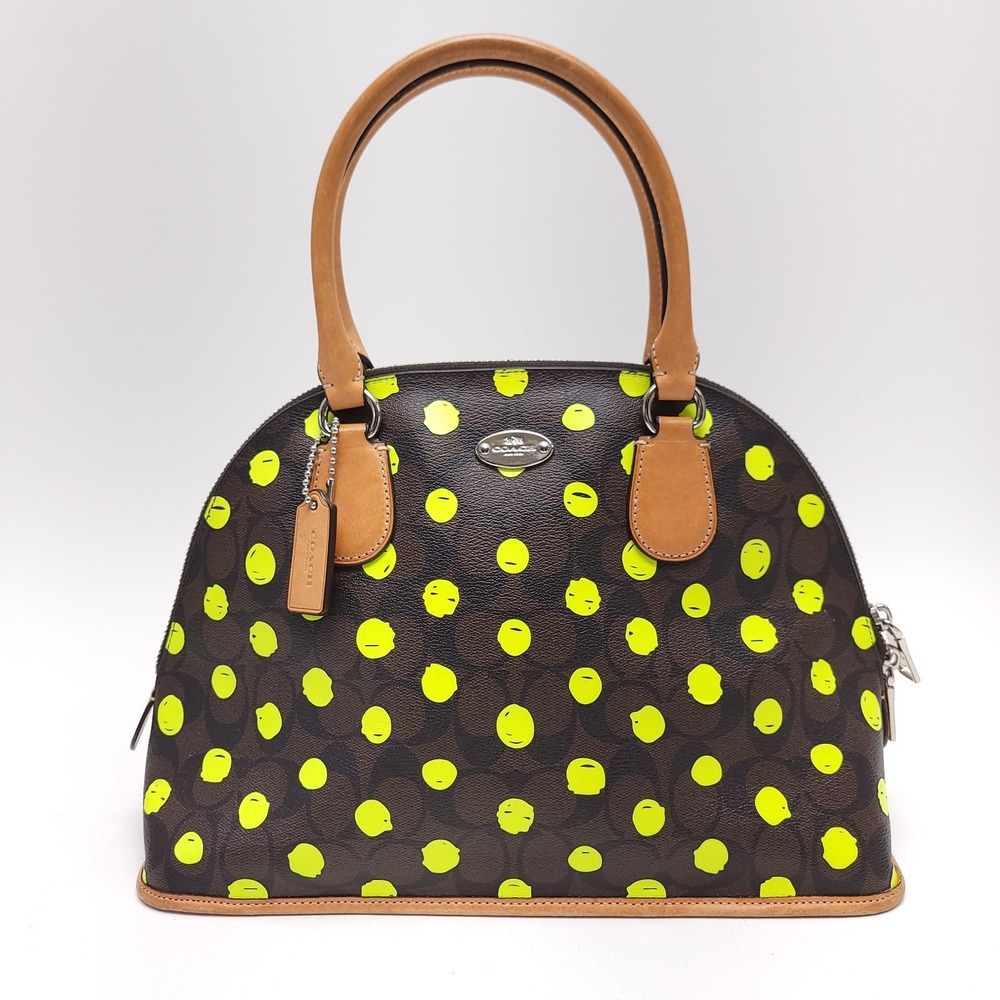 Coach Brown Logo Neon‎ Green Polka Dot Purse Bag Satchel Medium